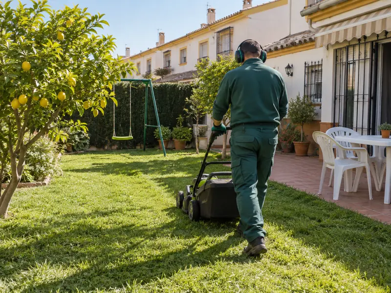 Corte de césped en el jardín de una casa adosada en Utrera, Sevilla
