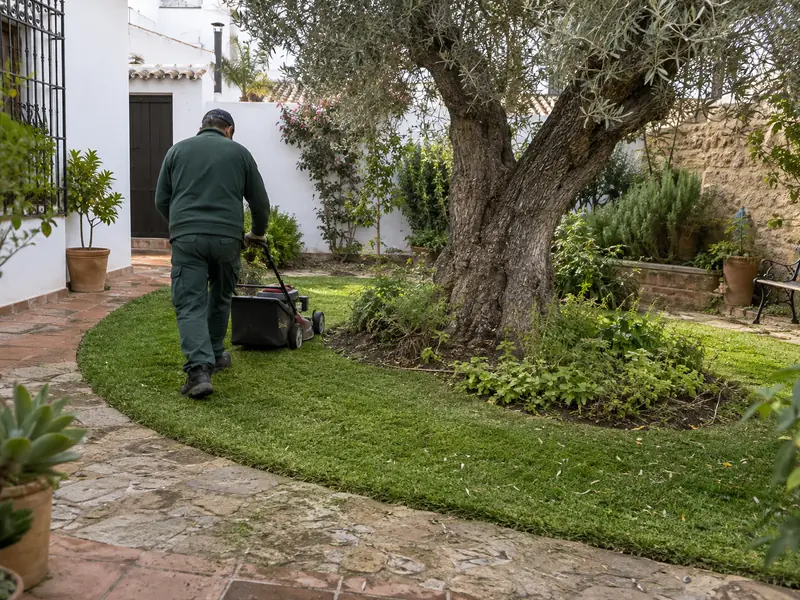 Corte de césped en Alcalá de Guadaira un jardín irregular de Alcalá de Guadaíra, Sevilla