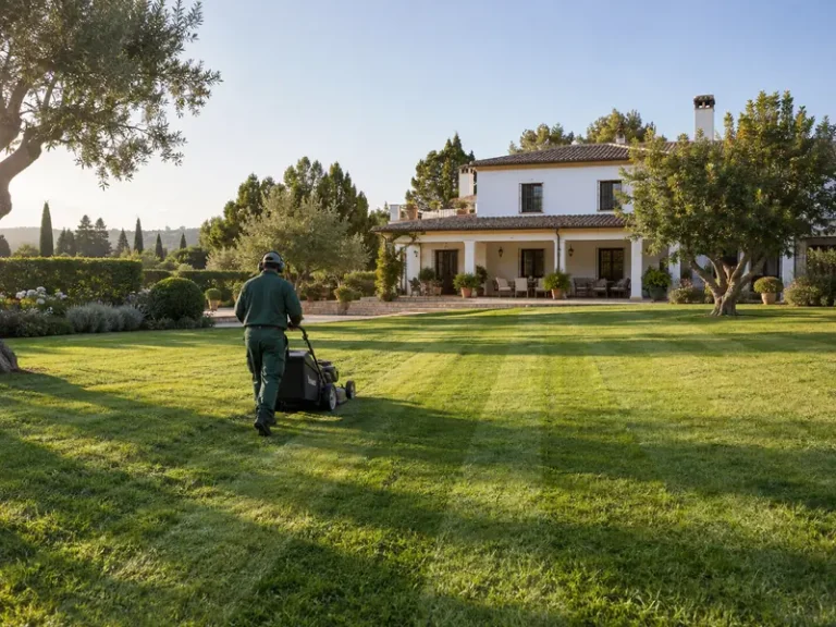 Jardineros en Utrera — corte de césped en el jardín de una casa