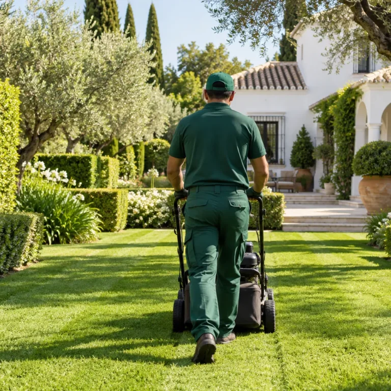 Corte de césped en Los Palacios y Villafranca — jardinero segando una pradera de césped