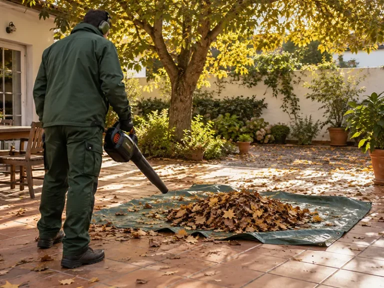 Mantenimiento de jardines en Alcalá de Guadaíra — jardinero cuidando césped y plantas de un chalet