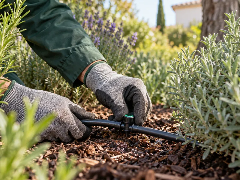 Jardinero reparando una manguera de riego durante el mantenimiento de un jardín en Sevilla