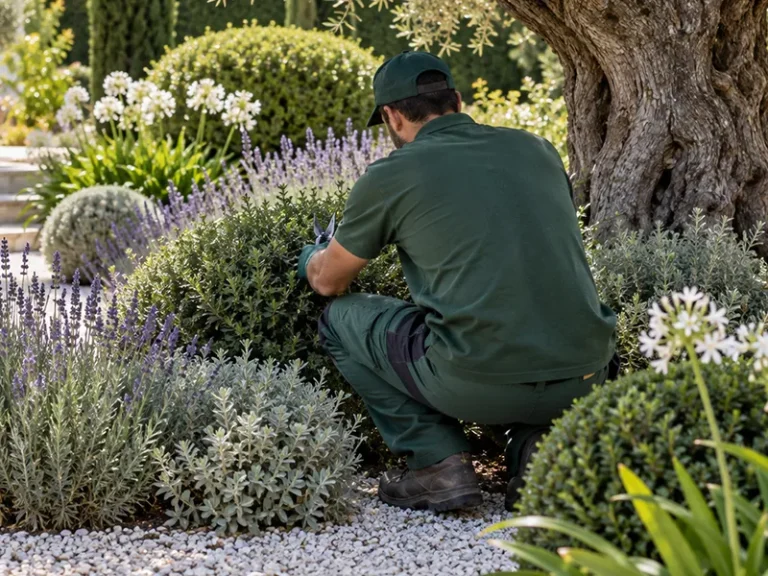 Mantenimiento de jardines en Mairena del Aljarafe — jardinero de JAVORT trabajando en un jardín