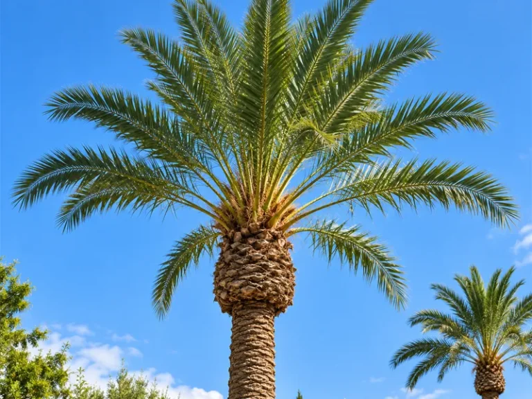 Poda de palmeras en Coria del Río — palmera con la corona limpia tras retirar las palmas secas