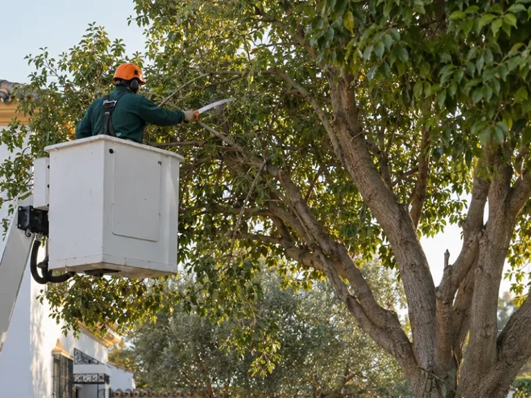 Poda de árboles en Dos Hermanas — aclareo de la copa de un árbol en un jardín particular