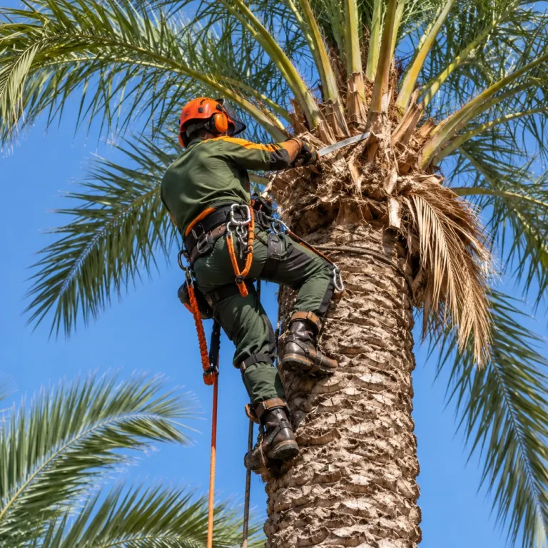 Poda de palmeras en Los Palacios y Villafranca — jardinero limpiando la copa de una palmera