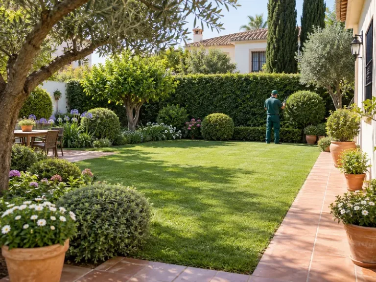 jardineros en Lebrija — jardinero de JAVORT cuidando el césped, los setos y las plantas de un jardín