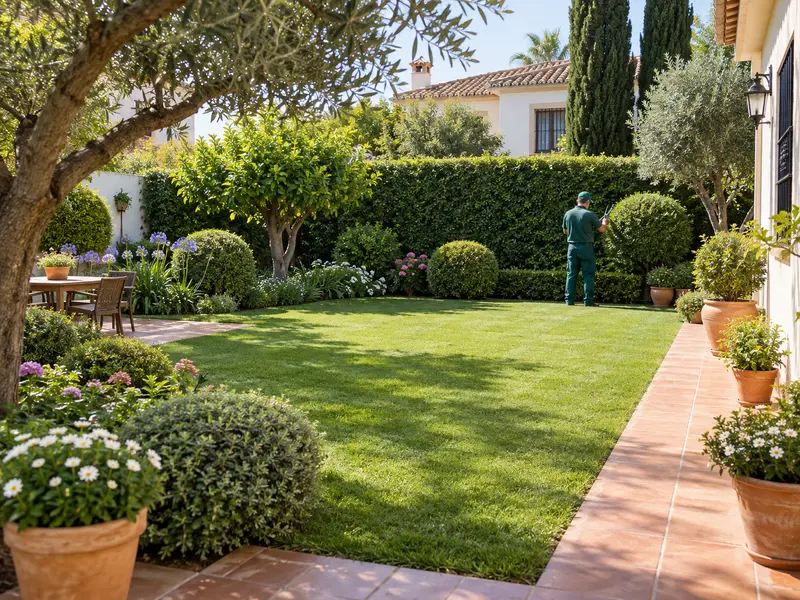 Jardinero realizando mantenimiento de césped, setos y plantas en un jardín de Sevilla