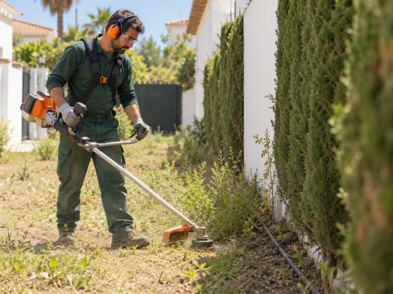 Desbroce de parcelas en Dos Hermanas — terreno despejado de hierba seca junto a viviendas